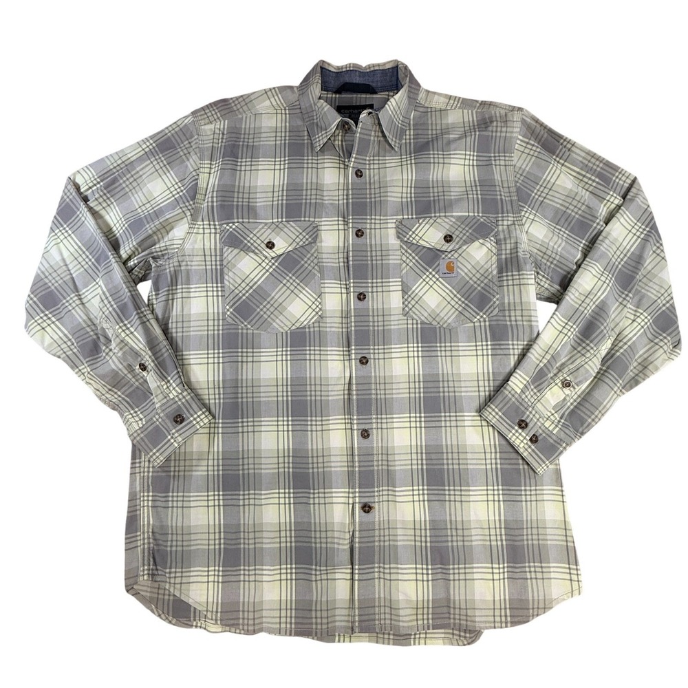 Carhartt Men Large Relaxed Plaid Button Front Work Shirt L Regular Gray Green